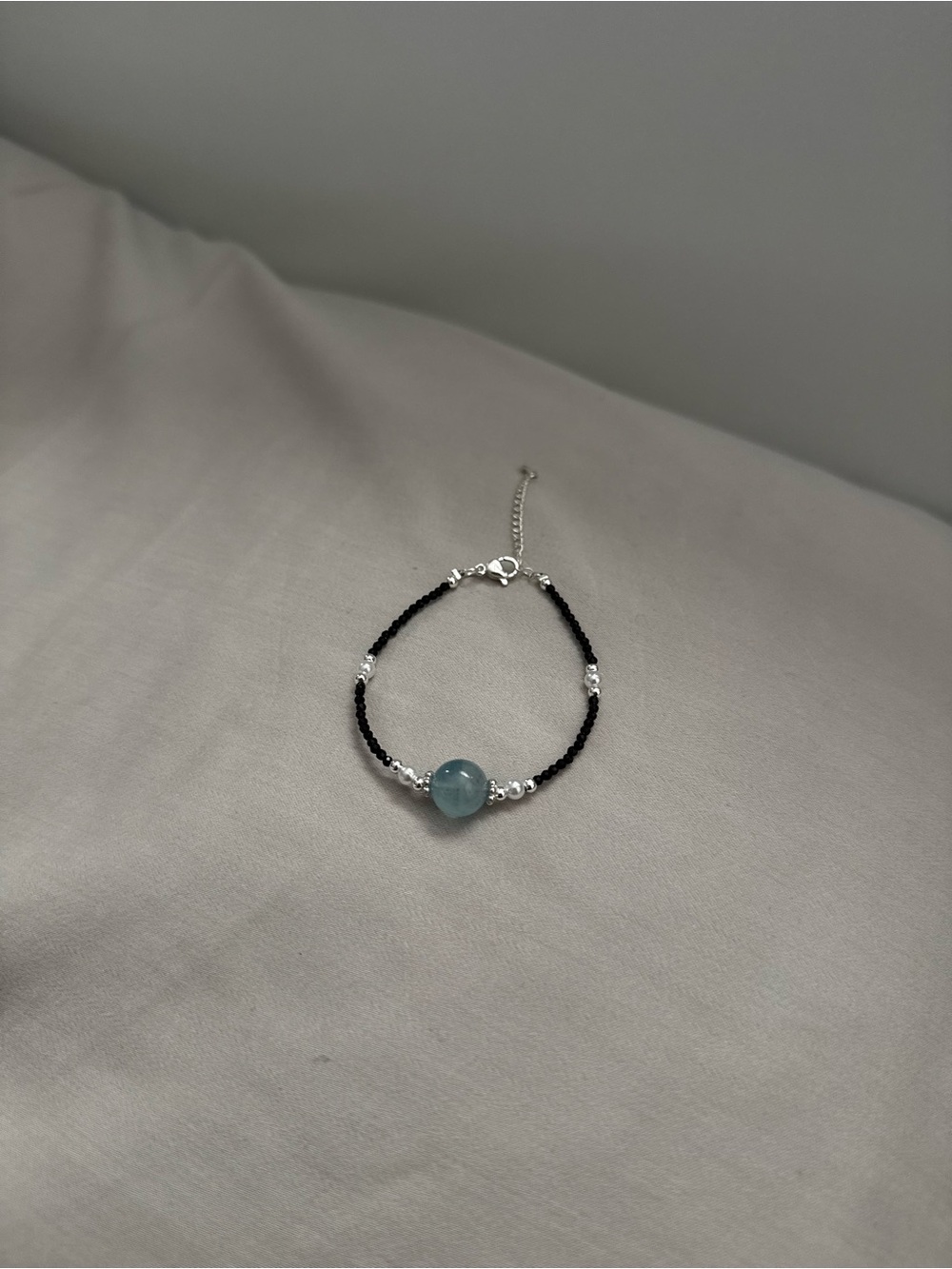 Sterling Silver Bead & Black Cord Bracelet with Aquamarine Center